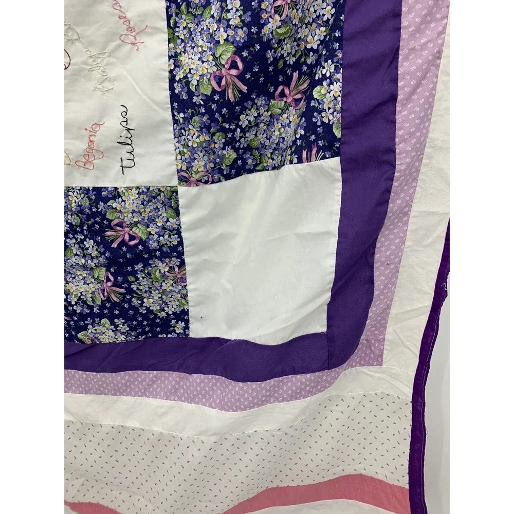 Handmade Embroidered Vintage Quilt Top Unfinished Floral Pink Purple 38